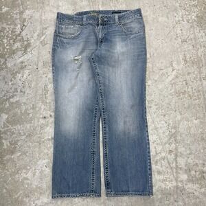 Wrangler Rock 47 Jeans Mens 38x29 Blue Pants Bootcut Distressed Grunge Tag 38x30